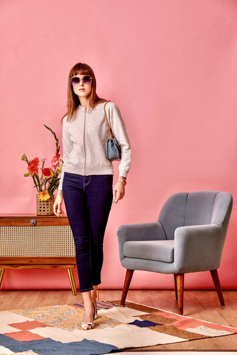 Off White Melange Zipper Sweat Shirt