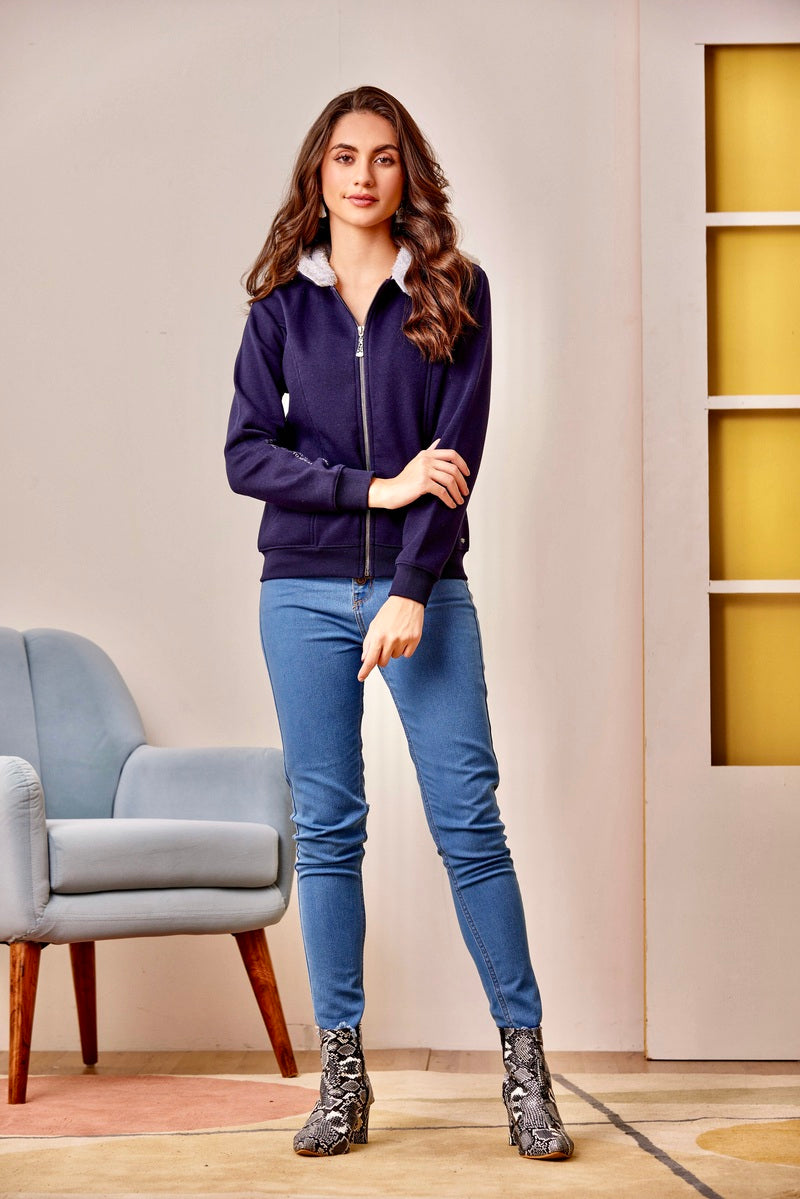 32733 - Navy Blue Zipper Hoodie Sweat Shirt