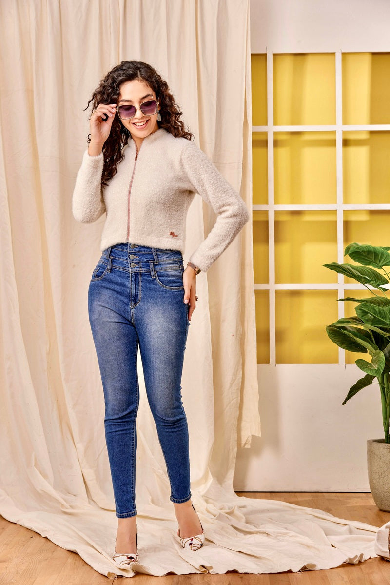 32772 - Beige (Off White) Zipper Crop Sweat Shirt