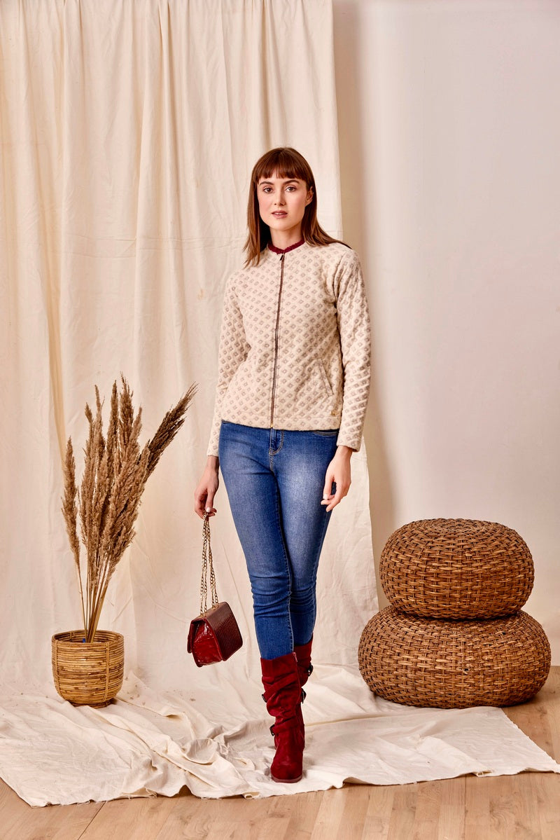 32786 - Beige Wine Zipper Sweat Shirt