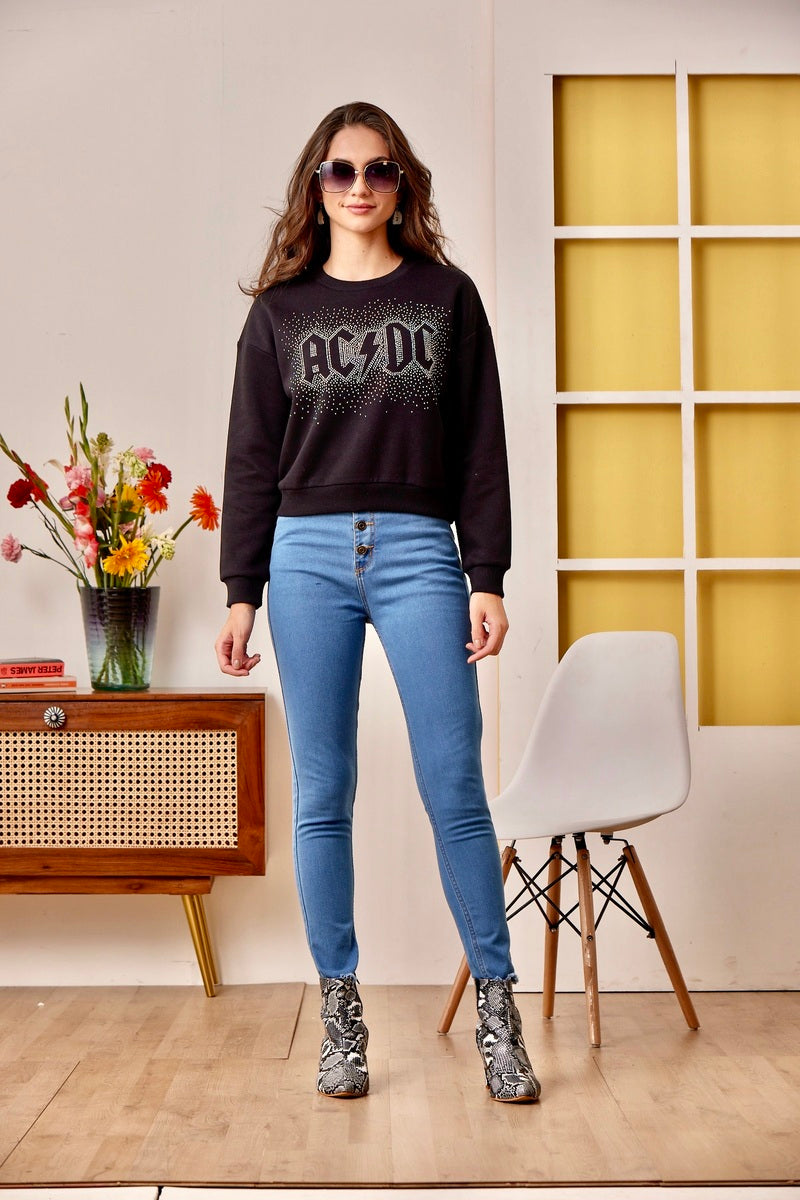 Black Studs Embellished Anti Fit Crop Sweat Shirt