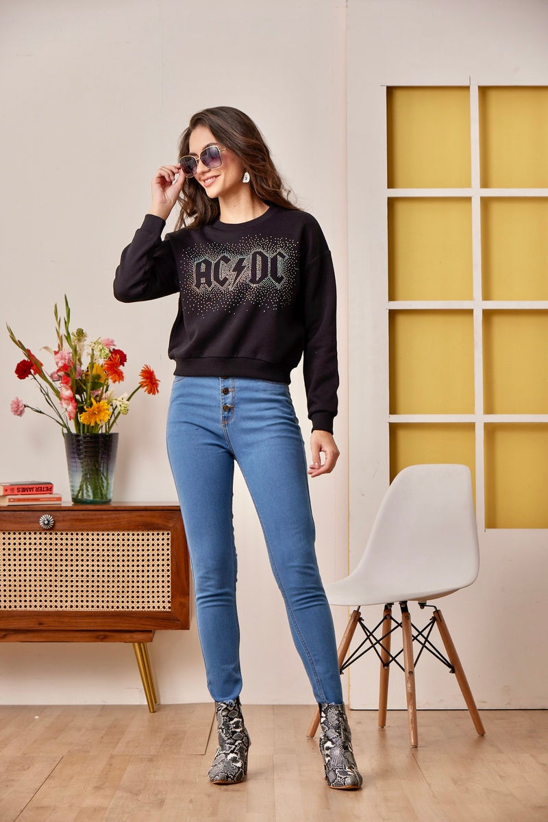 Black Studs Embellished Anti Fit Crop Sweat Shirt