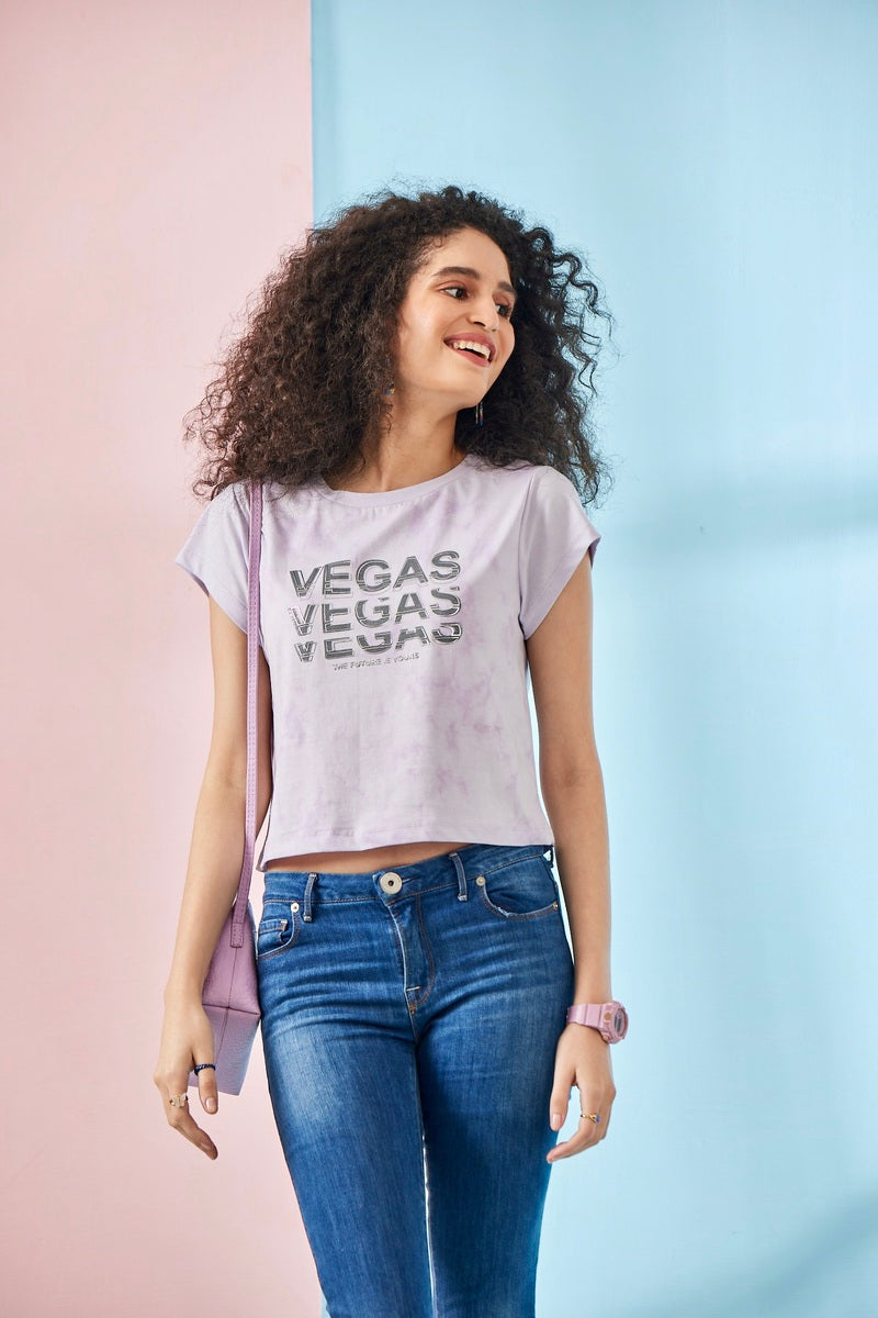 Lavender Half Sleeve Vegas Print Crop Top