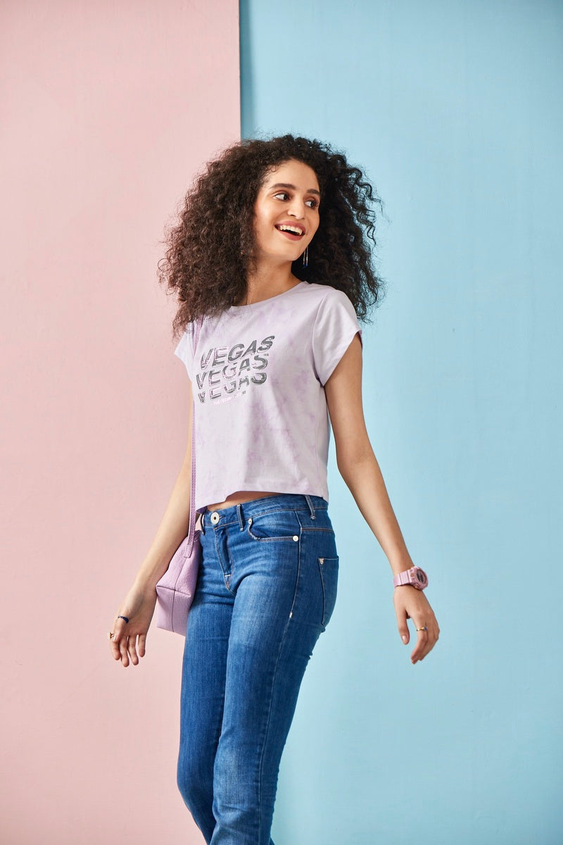 Lavender Half Sleeve Vegas Print Crop Top