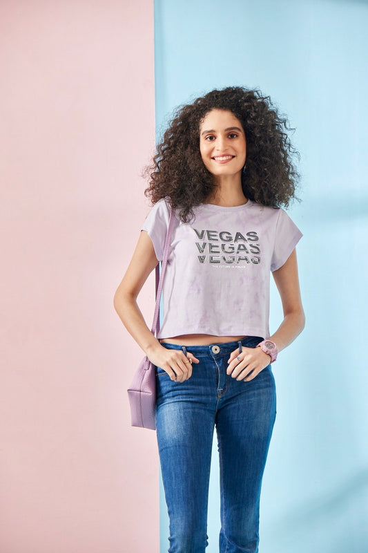 Lavender Half Sleeve Vegas Print Crop Top