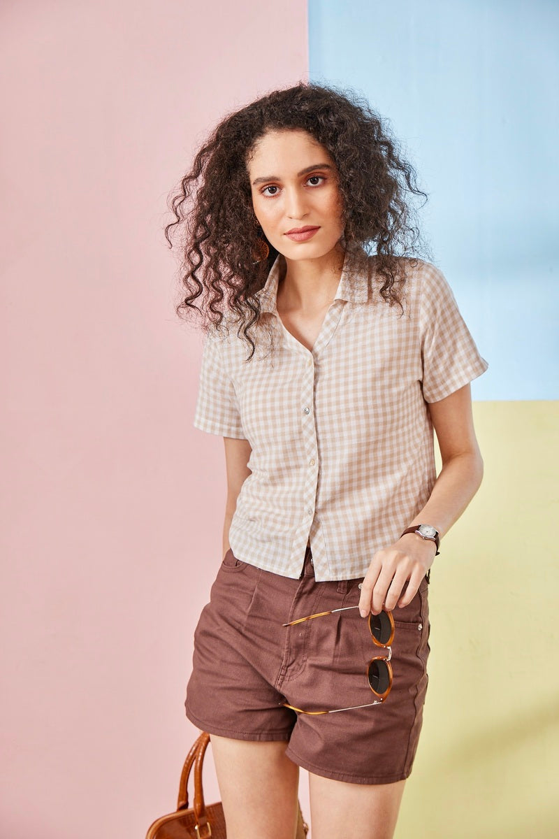 Coffee Brown Woven Check Crop Top Shirt
