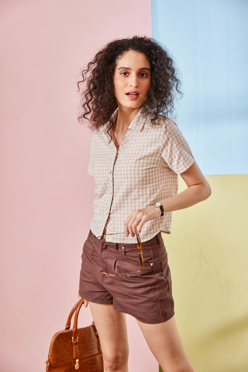 Coffee Brown Woven Check Crop Top Shirt