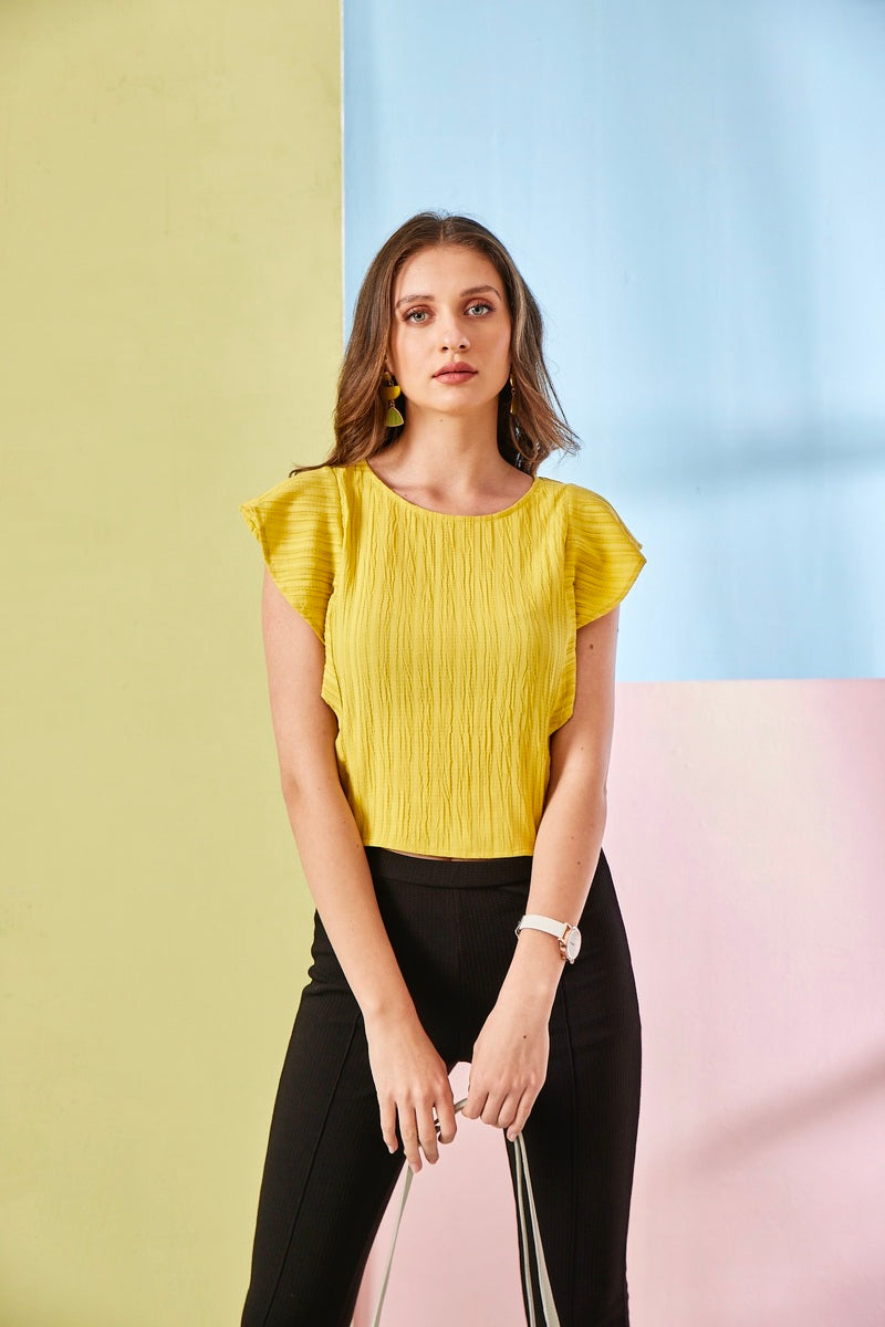 33142 - Mustard Woven Ruffled Sleeve Crop Top