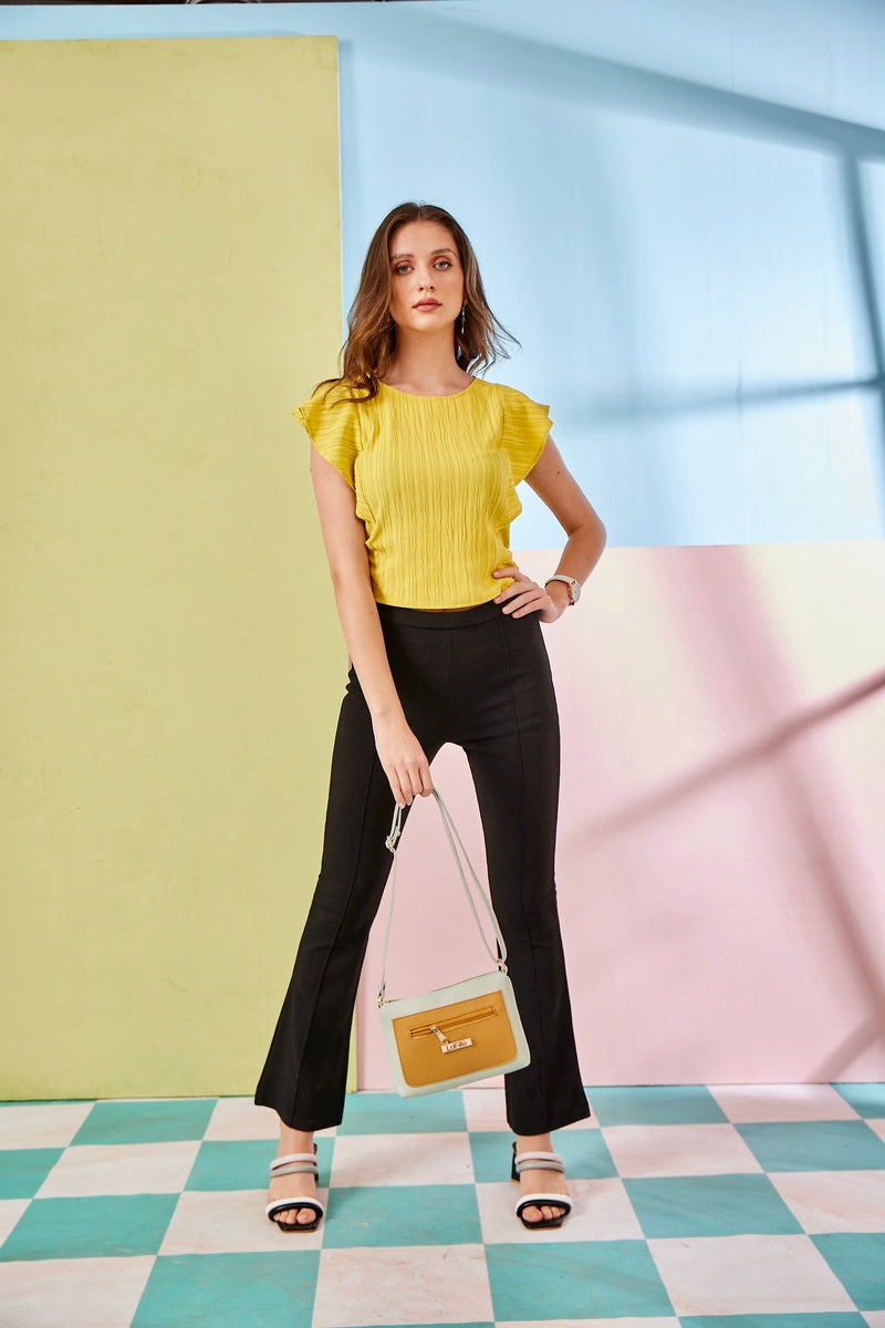33142 - Mustard Woven Ruffled Sleeve Crop Top