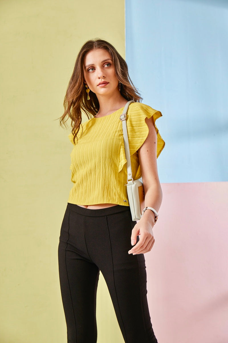 33142 - Mustard Woven Ruffled Sleeve Crop Top