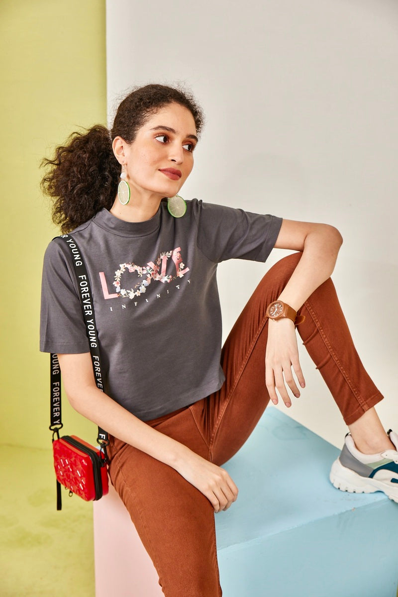 Grey T Neck Love Crop Top