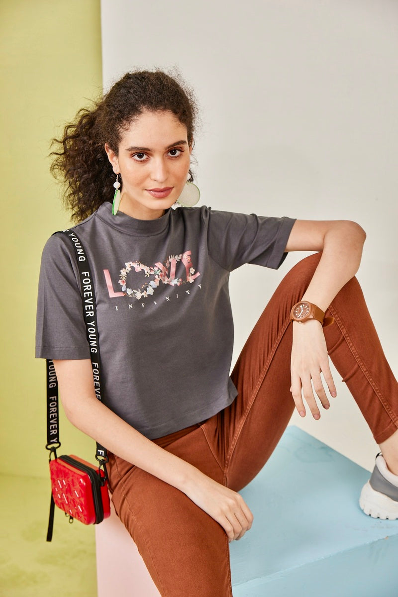 Grey T Neck Love Crop Top