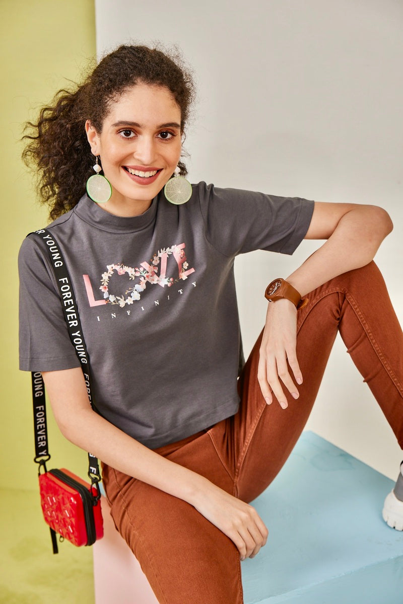 Grey T Neck Love Crop Top