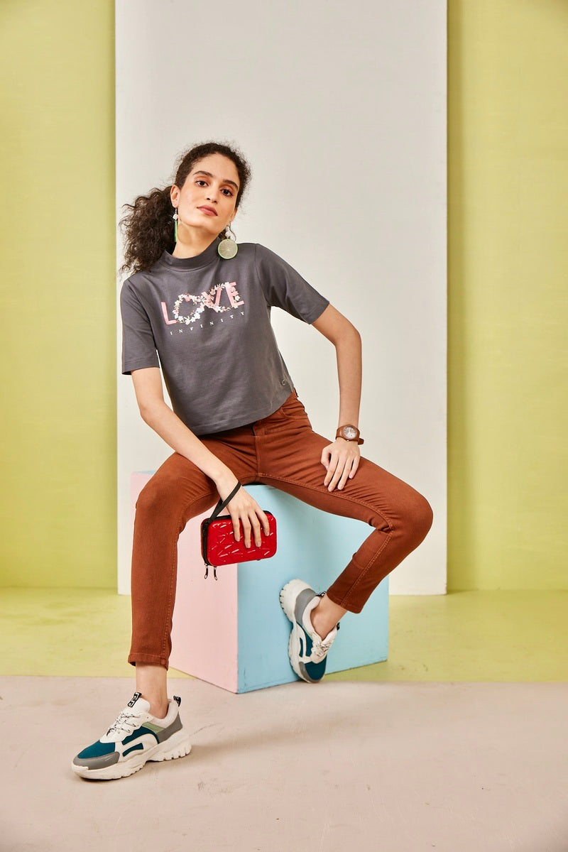 Grey T Neck Love Crop Top