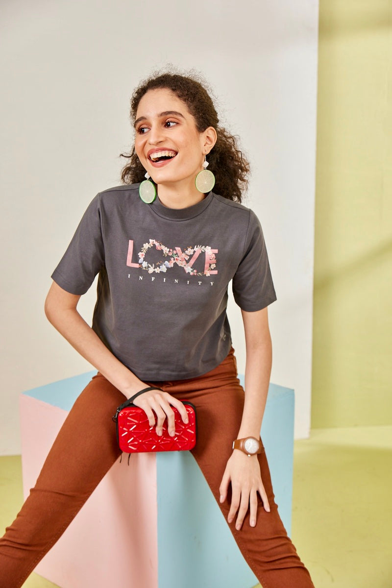 Grey T Neck Love Crop Top