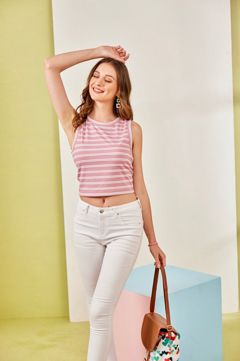 Pink Sleeve Less Crop Top in Rib Structure Fabric