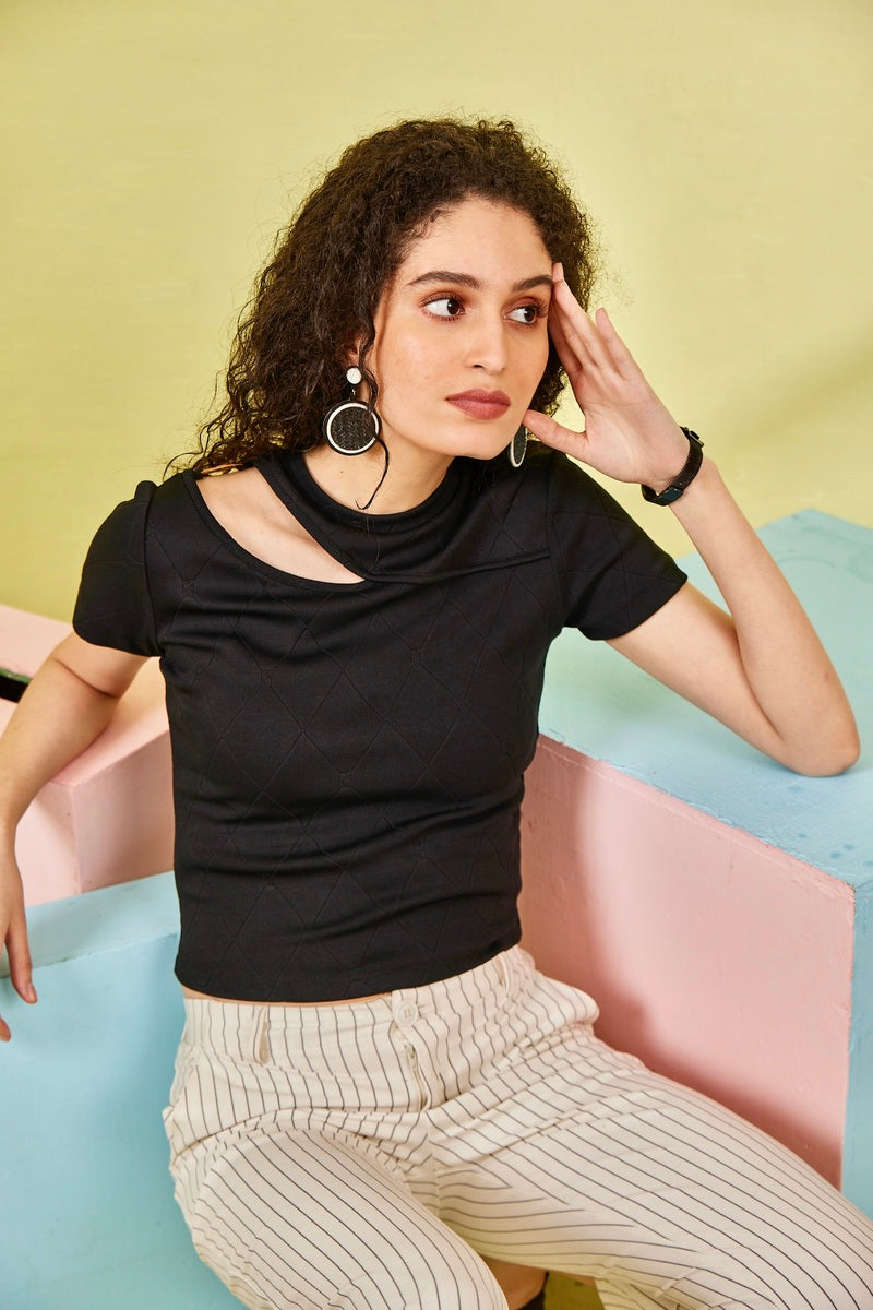 Black Self Jacquard Crop Top