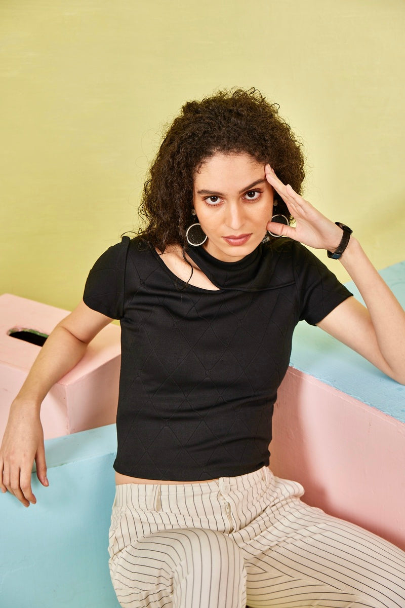 Black Self Jacquard Crop Top