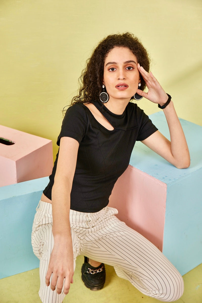 Black Self Jacquard Crop Top