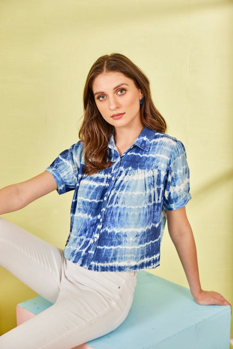 Blue Woven Buttoned Shirt - Crop Top