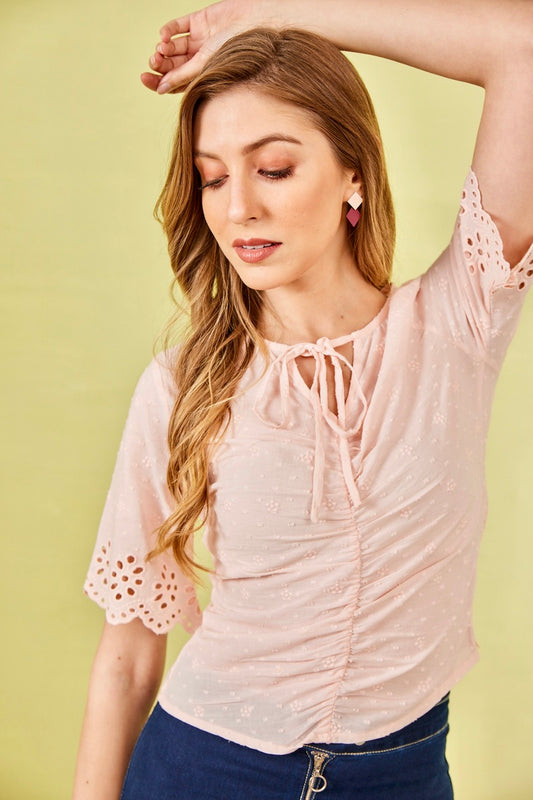 Pink Woven Embroidered Crop Top