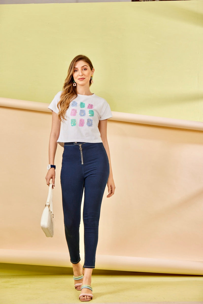 Off White Flower Print Crop Top