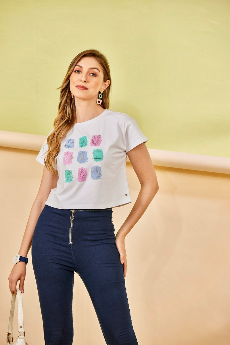 Off White Flower Print Crop Top