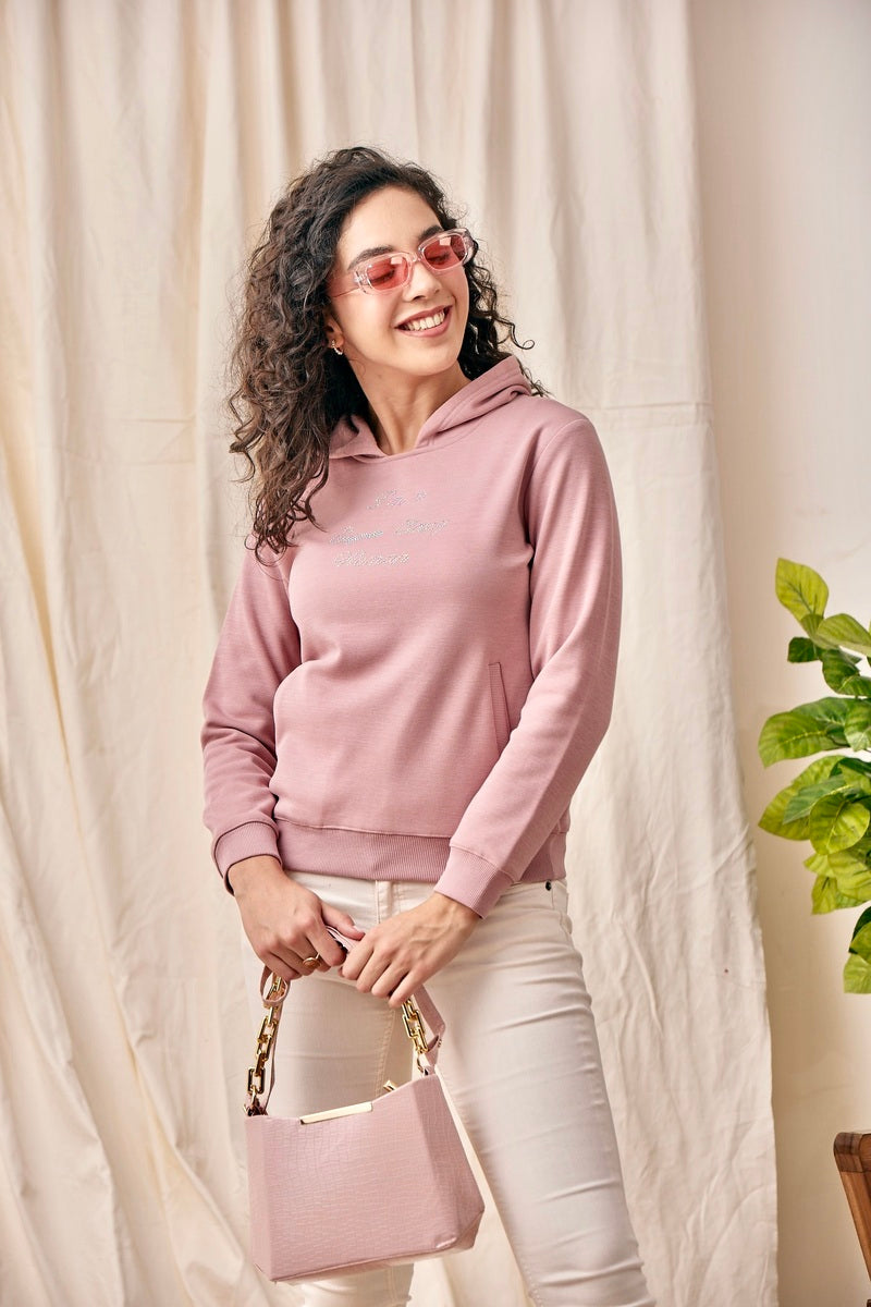 32702 - Pink Stub Embellished Hoodie Sweat Shirt