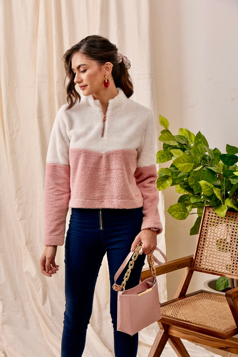 Pink Half Zip Crop Sweat Shirt