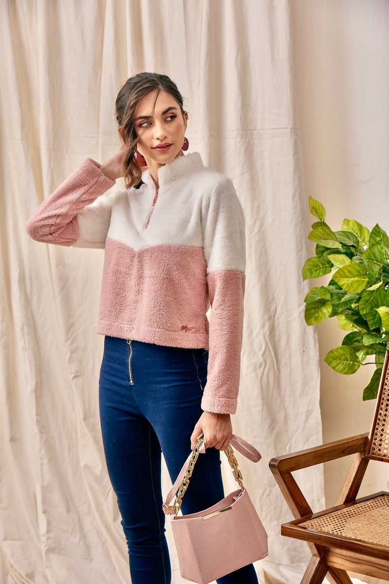 Pink Half Zip Crop Sweat Shirt