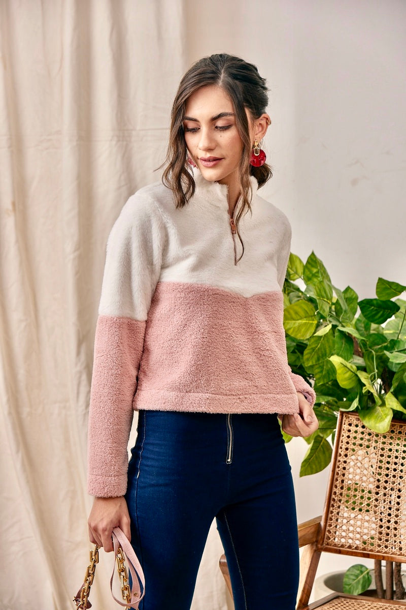 Pink Half Zip Crop Sweat Shirt
