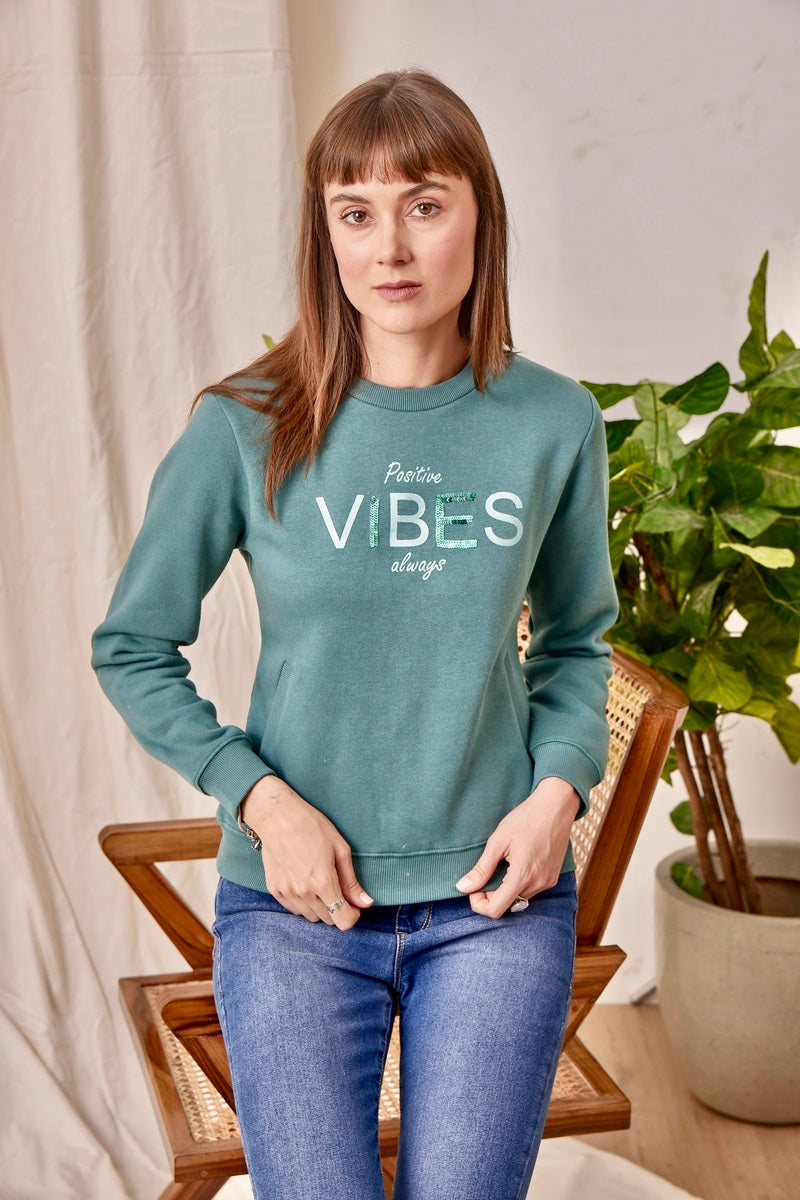 Green Print & Sequin Embroidered Sweat Shirt