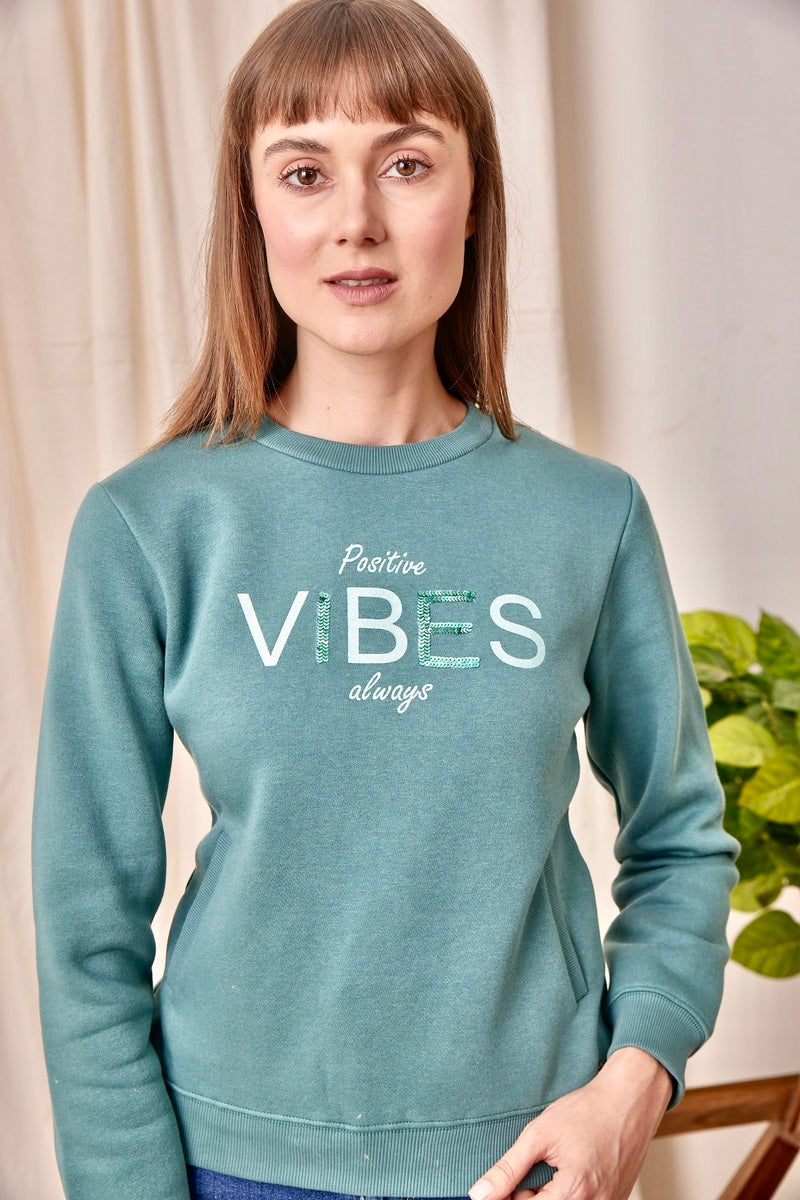 Green Print & Sequin Embroidered Sweat Shirt