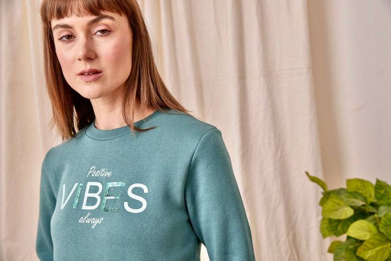 Green Print & Sequin Embroidered Sweat Shirt