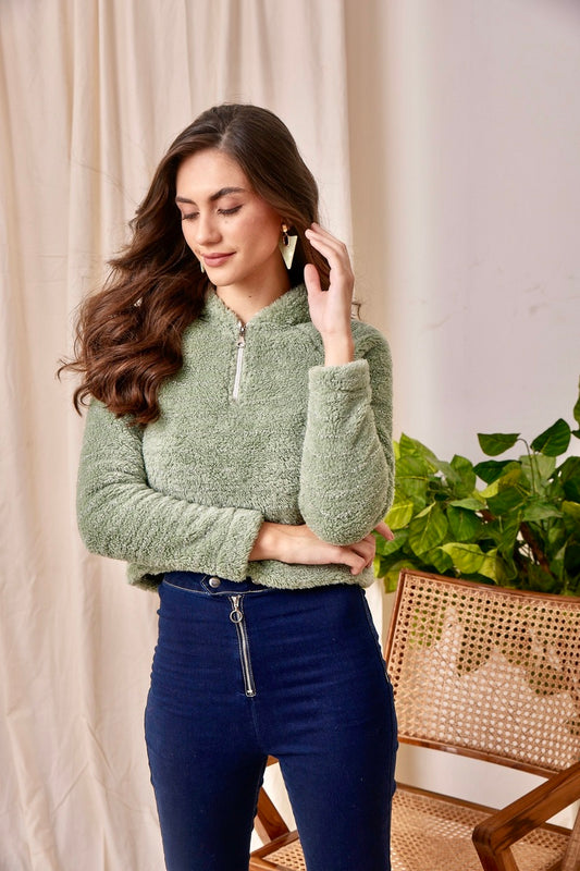 Green Half Zip Fur Sweat Shirt