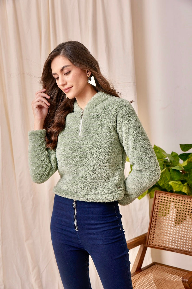 Green Half Zip Fur Sweat Shirt