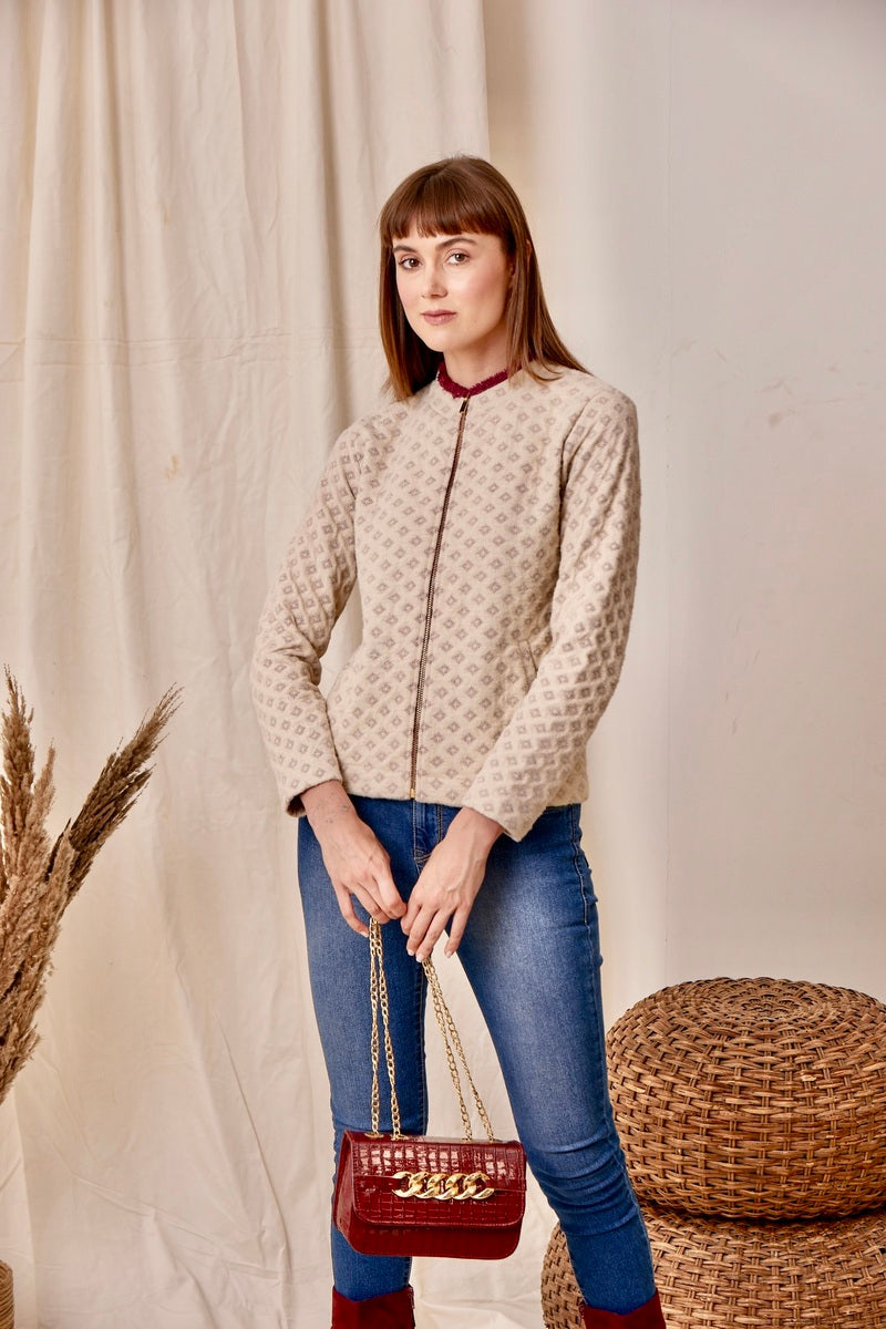 32786 - Beige Wine Zipper Sweat Shirt