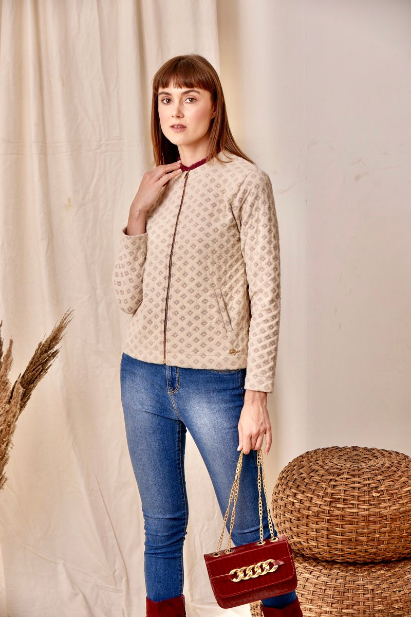 32786 - Beige Wine Zipper Sweat Shirt