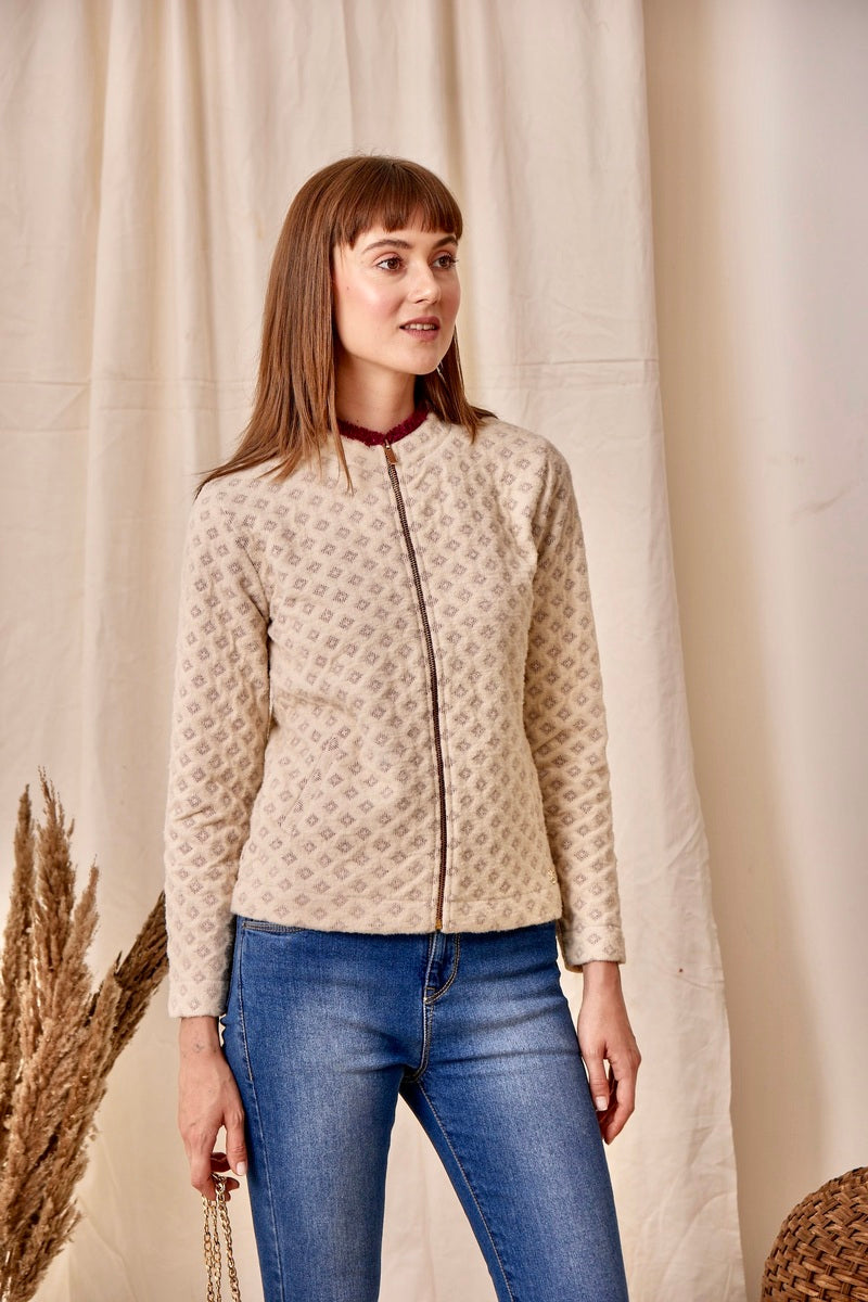 32786 - Beige Wine Zipper Sweat Shirt