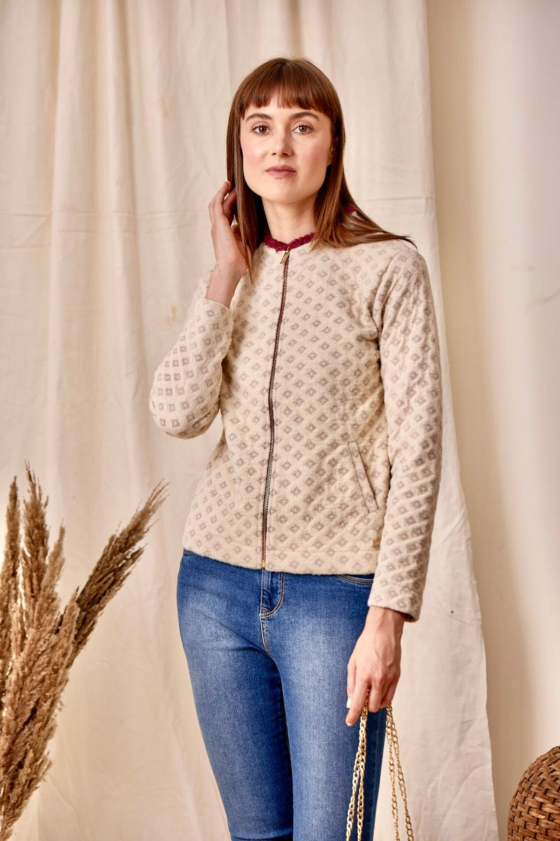 32786 - Beige Wine Zipper Sweat Shirt