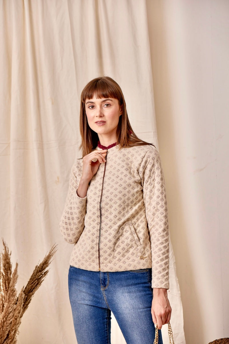 32786 - Beige Wine Zipper Sweat Shirt