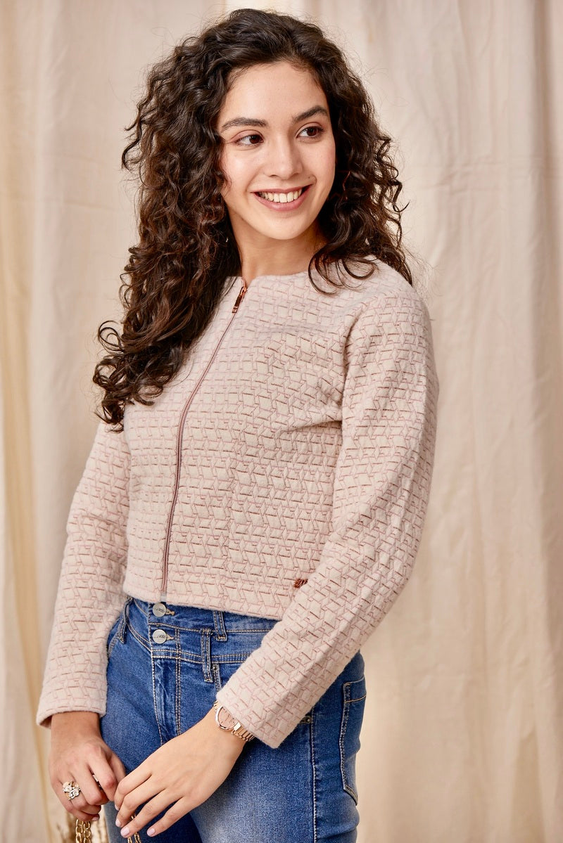 32761 - Off White Pink Zipper Crop Sweat Shirt