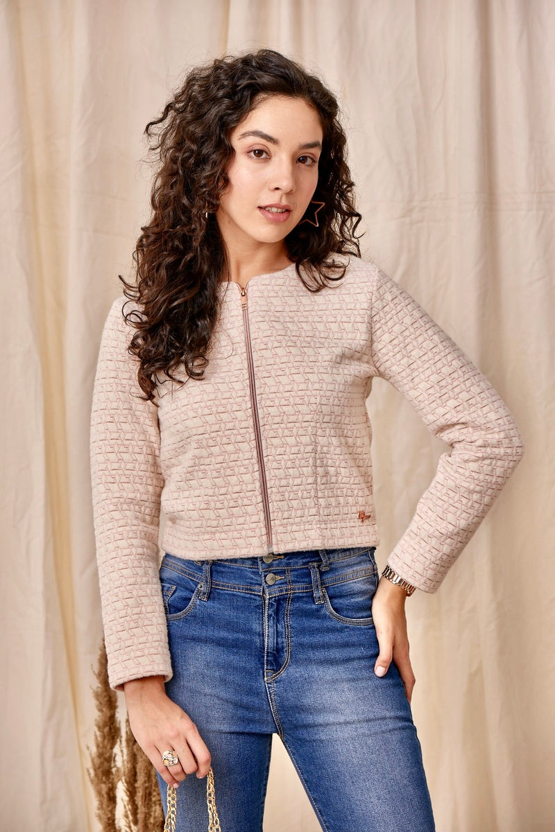 32761 - Off White Pink Zipper Crop Sweat Shirt
