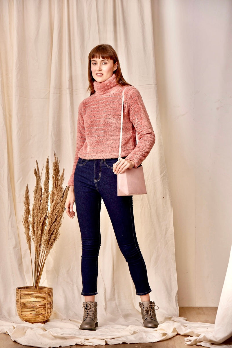 Pink High Neck Crop Sweat Shirt