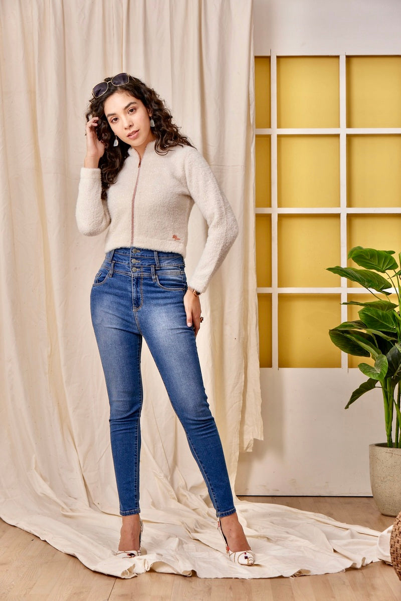 32772 - Beige (Off White) Zipper Crop Sweat Shirt
