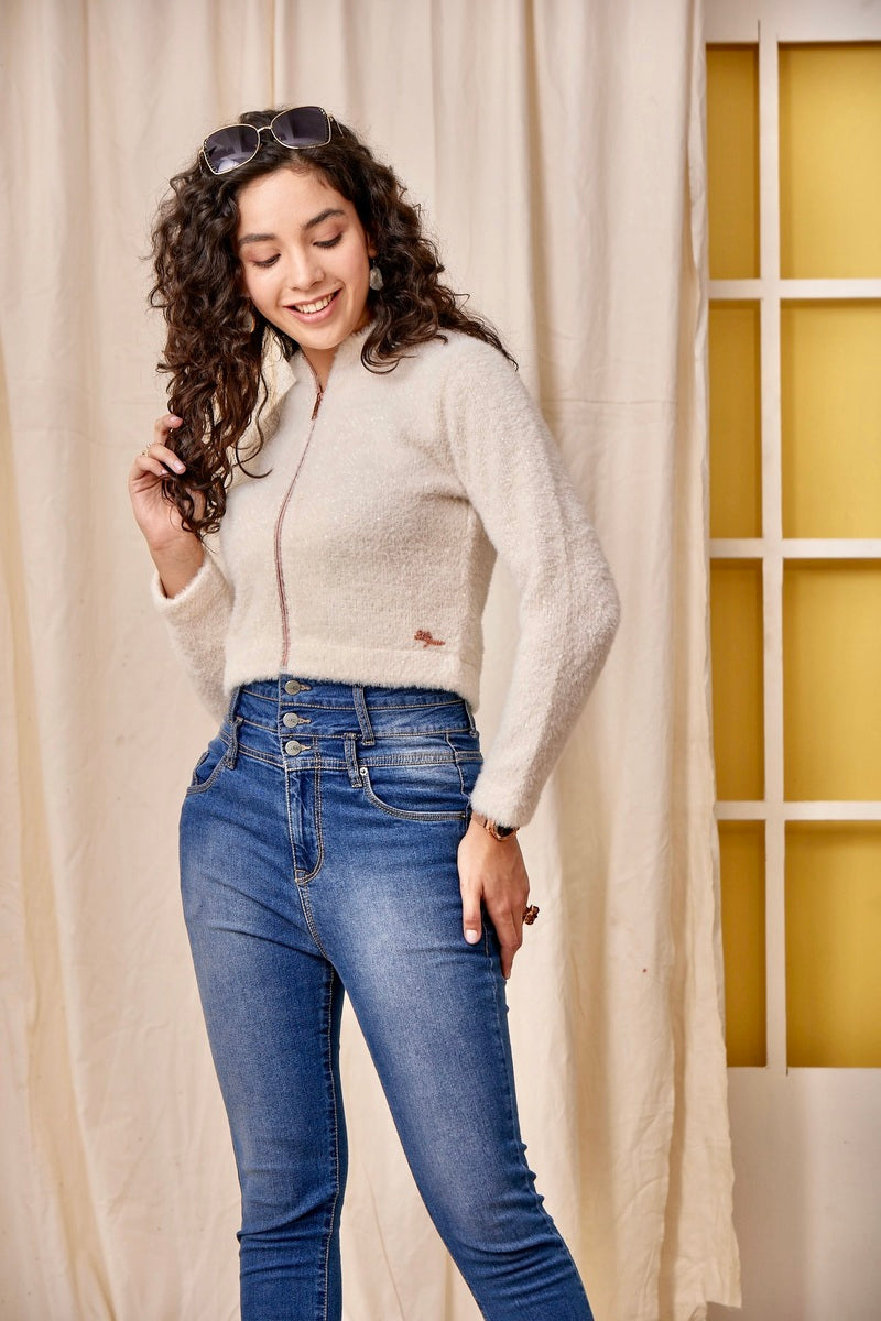 32772 - Beige (Off White) Zipper Crop Sweat Shirt