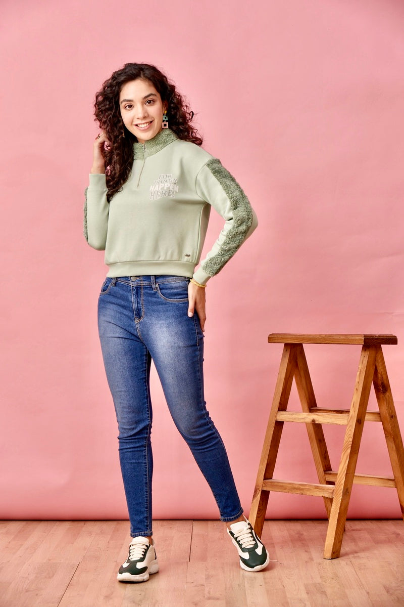 Green Half Zip Anti Fit Crop Sweat Shirt
