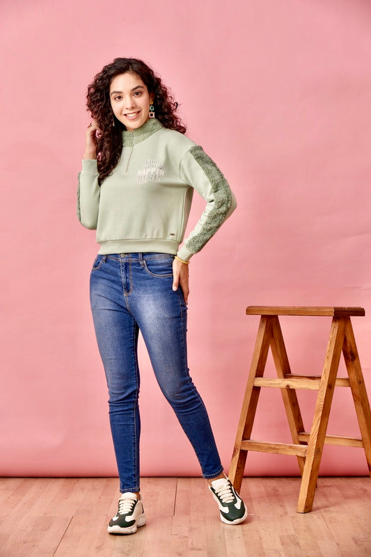 Green Half Zip Anti Fit Crop Sweat Shirt