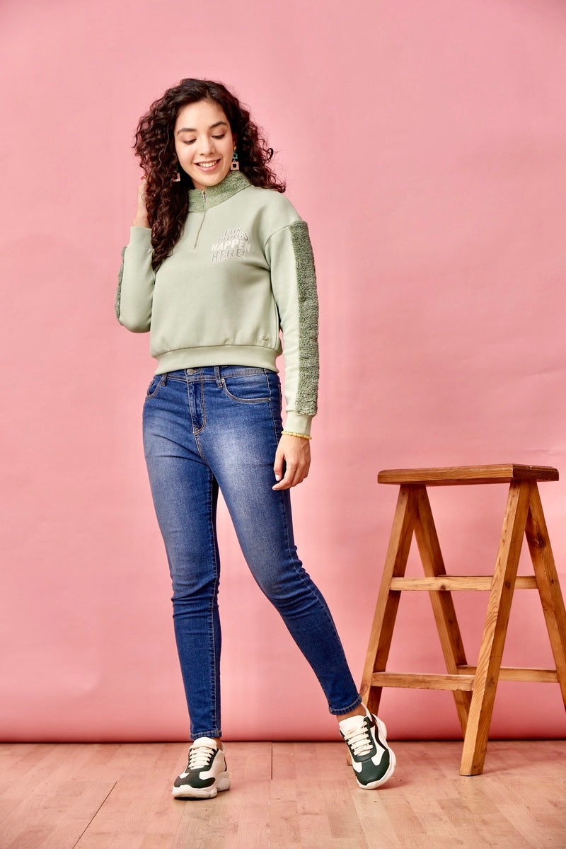 Green Half Zip Anti Fit Crop Sweat Shirt