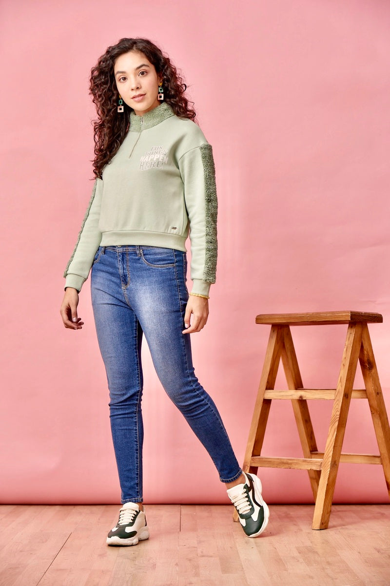 Green Half Zip Anti Fit Crop Sweat Shirt